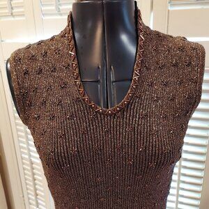 Cache Brown Metallic Beaded Top Size M
